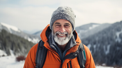 Portrait of a mature male in winter outdoor , happy man in scenic mountain and forest landscape.