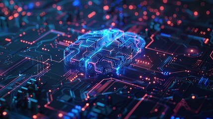 Poster - Digital AI chip integral into abstract technology brain on dark blue background. Circuit board tech bg. Low poly wireframe AI mind. Artificial Intelligence concept. Vector illustration with light neon