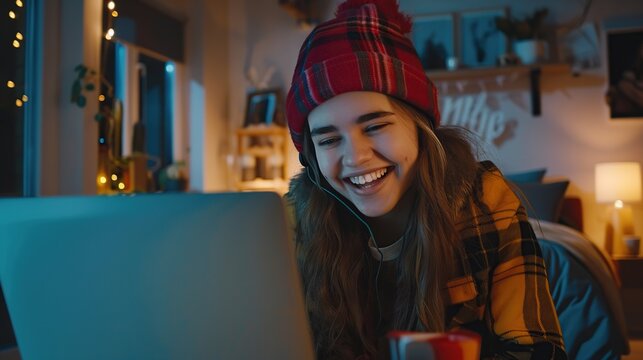 Happy young woman student having video call on laptop computer. Image of beautiful girl play notebook.