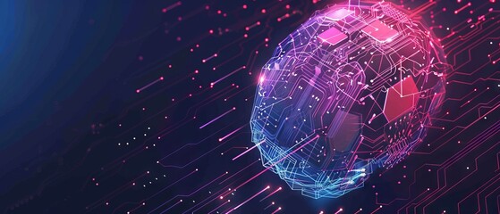Poster - Digital AI chip integral into abstract technology brain on dark blue background. Circuit board tech bg. Low poly wireframe AI mind. Artificial Intelligence concept. Vector illustration with light neon