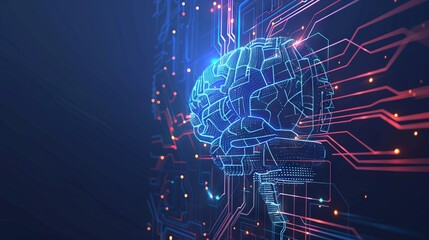 Poster - Digital AI chip integral into abstract technology brain on dark blue background. Circuit board tech bg. Low poly wireframe AI mind. Artificial Intelligence concept. Vector illustration with light neon