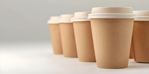 Wall Mural - Craft Paper Coffee Cup Mockup Set on Beige Background. Concept Coffee Cup, Craft Paper, Mockup Set, Beige Background, Product Photography