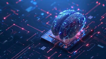Poster - Digital AI chip integral into abstract technology brain on dark blue background. Circuit board tech bg. Low poly wireframe AI mind. Artificial Intelligence concept. Vector illustration with light neon