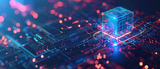 Poster - Digital AI chip integral into abstract technology brain on dark blue background. Circuit board tech bg. Low poly wireframe AI mind. Artificial Intelligence concept. Vector illustration with light neon
