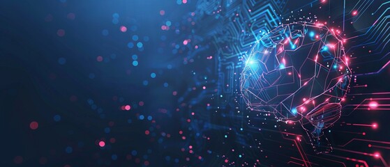 Poster - Digital AI chip integral into abstract technology brain on dark blue background. Circuit board tech bg. Low poly wireframe AI mind. Artificial Intelligence concept. Vector illustration with light neon