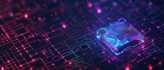 Poster - Digital AI chip integral into abstract technology brain on dark blue background. Circuit board tech bg. Low poly wireframe AI mind. Artificial Intelligence concept. Vector illustration with light neon