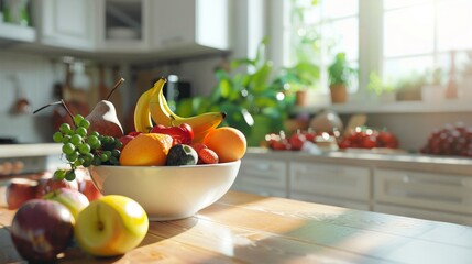 Fresh Fruit Bowl in a Sunny Kitchen.