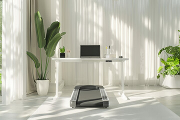 Poster - Walking pad treadmill is placed under a standing desk in a home office, promoting a healthy work-life balance