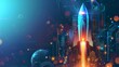© Palung - Digital abstract rocket and AI chip. Abstract technology light blue background. Artificial Intelligence growth up concept. Spaceship launch. Tech bg. Processor or semiconductor 3D illustration