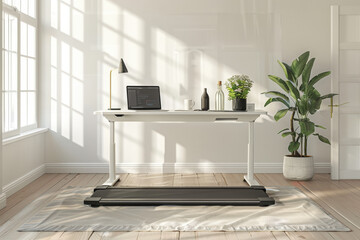 Poster - Walking pad treadmill seamlessly integrated into a bright home office, promoting a healthy work-life balance