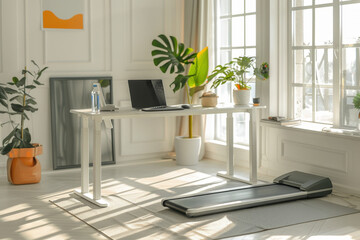 Poster - Walking pad treadmill is placed under a standing desk in a bright home office, promoting a healthy work-life balance