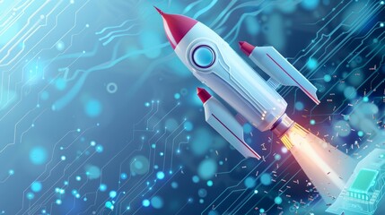 Poster - digital abstract rocket and ai chip. abstract technology light blue background. artificial intellige