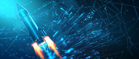 Poster - digital abstract rocket and ai chip. abstract technology light blue background. artificial intellige