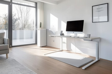 Poster - Bright home office with an adjustable desk and walking pad treadmill promoting a healthy work-life balance