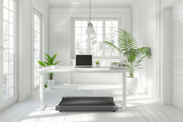 Poster - Bright home office with an adjustable desk and a walking pad treadmill, promoting a healthy work-life balance