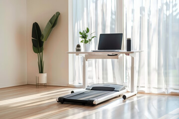 Poster - Walking pad treadmill positioned under a standing desk in a modern home office setting promoting a healthier and more active work environment