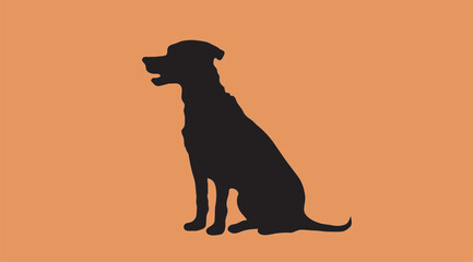 Vector black silhouette of a dog isolated on a orange background.