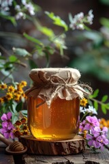 Wall Mural - jar with honey on the table and flowers. Selective focus