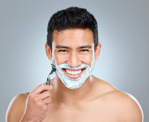 Wall Mural - beauty, shaving and smile with portrait of man in studio on gray background for cosmetic wellness. d