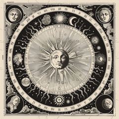 Wall Mural - illustration set of moon phases. Different stages of moonlight activity in vintage engraving style. Zodiac Signs. AI generated