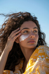 Wall Mural - Beautiful young woman applying sunscreen to her face for protection on a sunny day