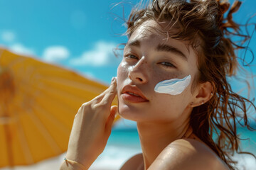 Wall Mural - Beautiful young woman is applying sunscreen to her face on a sunny beach, promoting sun protection and skincare