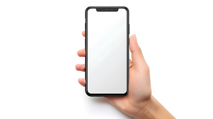 hand holding smartphone blank display mock up isolated on white