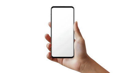 Hand holding smartphone blank display mock up isolated on white