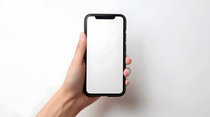 hand holding smartphone blank display mock up isolated on white