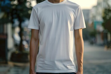 Wall Mural - White t-shirt mockup. Blank template male white t shirt. Clothing shop market background. Man summer short