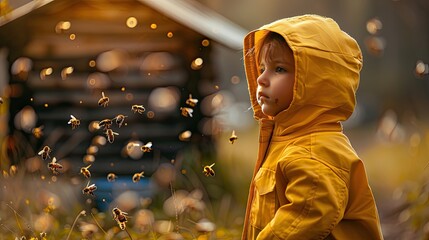 the child stands on the background of beehives. Selective focus