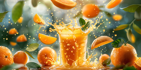 Canvas Print - Vibrant fresh orange fruit bursts with juice, splashing into a glass, surrounded by flying leaves and droplets, capturing the essence of refreshing citrus delight.