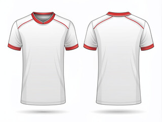 Blank white sports shirt jersey design template with numbering and sponsorship panel on front and back, perfect for customizing with team logo and colors.