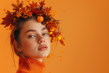 Wall Mural - Young woman with freckles is posing with a crown of autumn leaves and pumpkins on an orange background