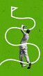 © Lustre Art Group  - Black and white image of male golfer in motion, playing against abstract green background symbolizing filed. Contemporary art collage. Concept of sport, competition, motivation, dynamics. Ad