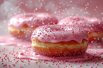 Wall Mural - Pink frosted donut with sprinkles, close-up of a delicious dessert, sweet treat, baking concept