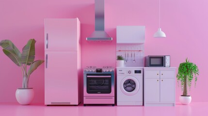 Wall Mural - Home Appliance. Modern Kitchen Equipment with Refrigerator, Gas Cooker, and Washing Machine on Pink Background