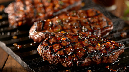 Wall Mural - Sizzling steak perfection, ready to delight. Juicy, tender, and charred to perfection. Enjoy this gourmet treat at your next backyard barbecue or special occasion.