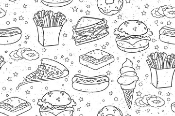 Aufkleber - Fast food background. Vector black and white background with french fries, pizza, hot dogs, hamburgers, ice cream, donuts.