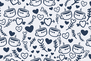 Fototapete - Background from cups of coffee and hearts. Hand-drawn pattern on the theme of coffee or tea drinking, cute hearts.