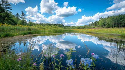 Wall Mural - Tranquil Lake Reflection with Blue Sky and Clouds.