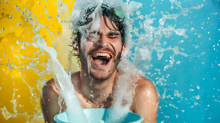 Wall Mural - a man laughing while doing the ice bucket challenge, full body