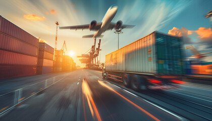 Wall Mural - Global business logistics import export and container cargo freight ship loading at port by crane, container handlers, cargo airplane, truck on highway, transport industry concept, Depth blur effect