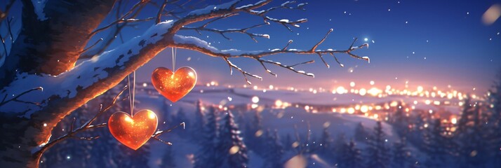 Wall Mural - Two red hearts on snowy tree branch in winter. Happy Valentine’s Day celebration. Romantic Christmas holidays concept. Background for design banner, poster, greeting card with copy space