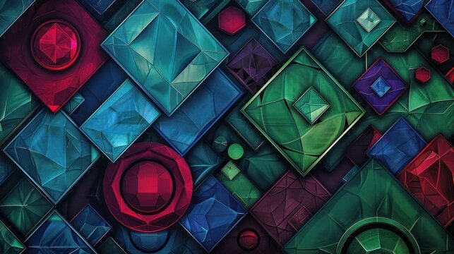 A luxurious abstract design with geometric patterns highlighted in deep jewel tones. 