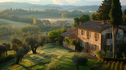 Wall Mural - A historic villa in Tuscany stands amidst lush gardens and ancient olive trees