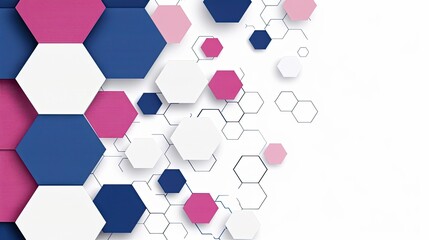 Poster - A white background with a scattering of overlapping pastel pink and blue hexagons on the right side of the frame