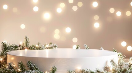 white podium with christmas garland and lights on beige background