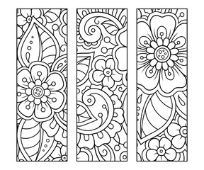 Printable bookmark for book - coloring. Set of black and white labels with flower patterns, hand draw in mehndi style. Sketch of ornaments for creativity of children and adults with colored pencils.