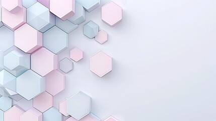 Poster - A white background with a scattering of overlapping pastel pink and blue hexagons on the right side of the frame